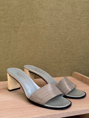 Gucci Taupe Metallic Slide Mules with Wood Block Heel